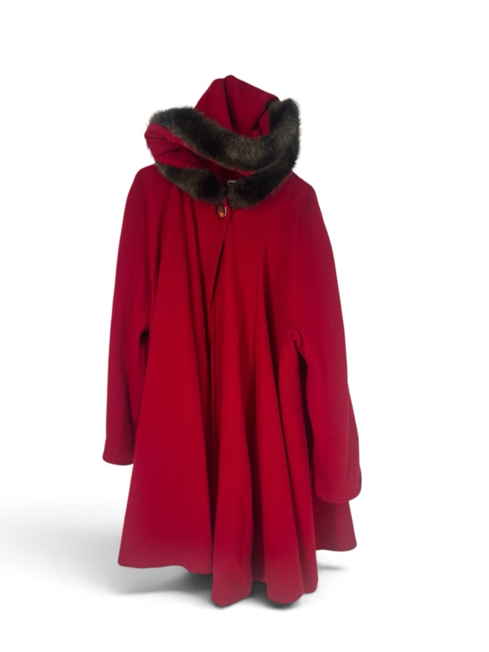 Vintage COMBAS Italy Red Wool Blend Fur hooded Swing  Coat Faux Trim Cape Sz 42